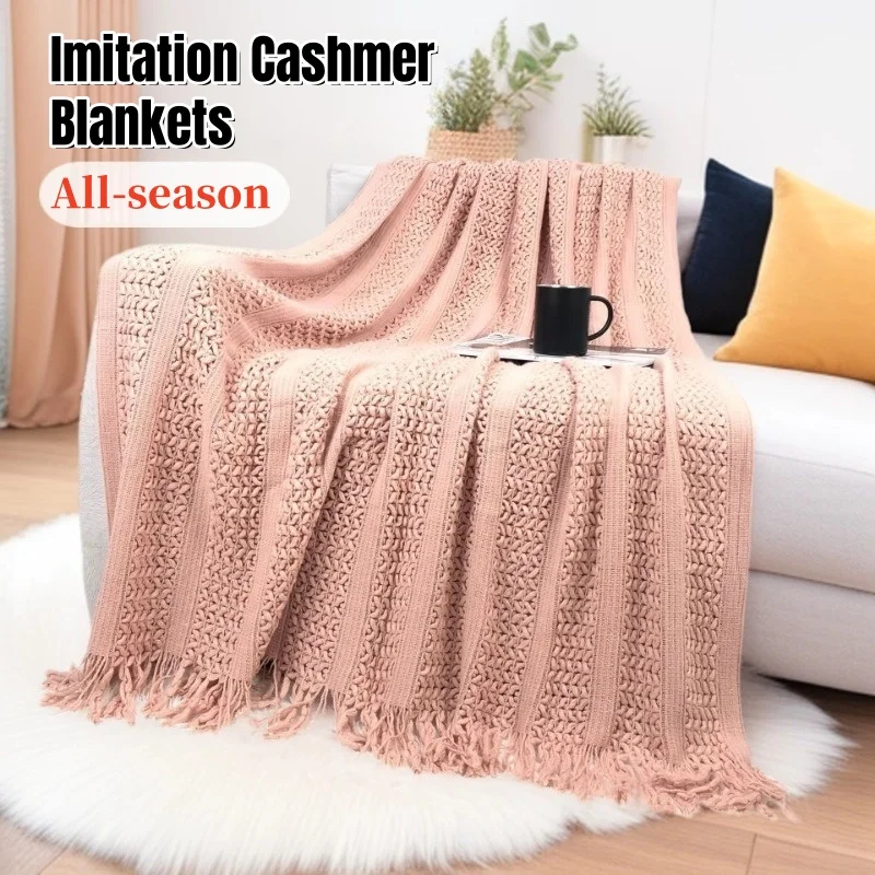 

Knitted Blanket Shawl with Tassels Chunky Vintage Luxury Farmhouse Imitation Wool Throw Blanket Bedspread Oversized Sofa Cover