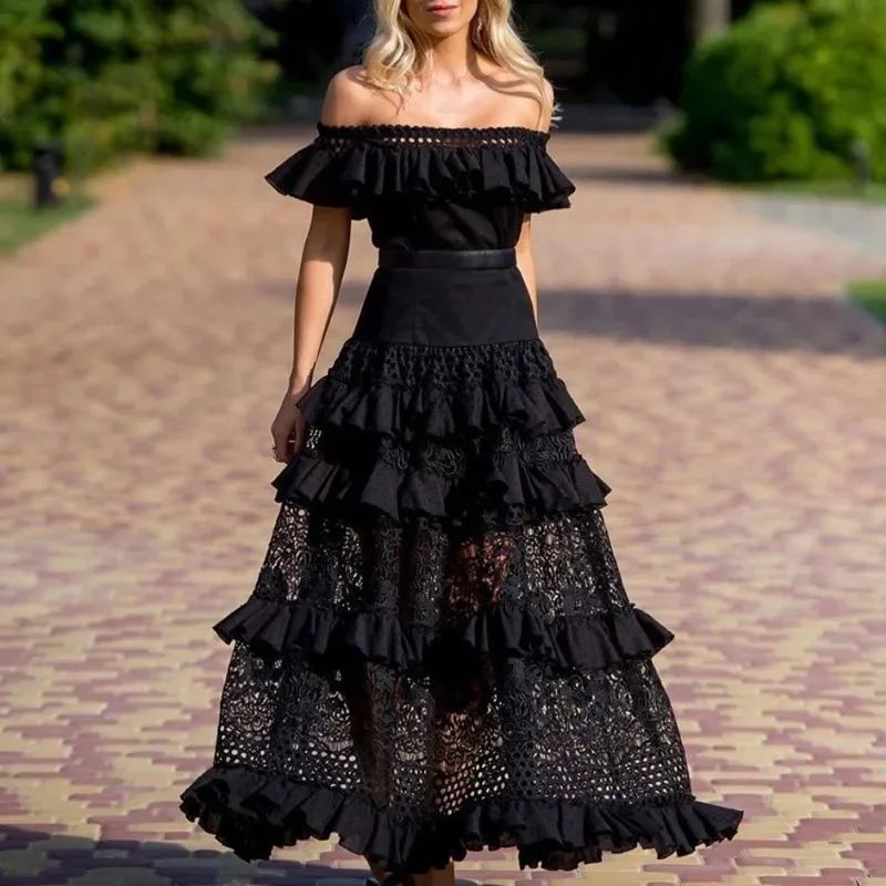 Lace Dress High Waist Slim Fits High Waist Off-Shoulder Ruffled Maxi Dress Women Short Sleeve Hollow Wide Hem Slash Collar Dress