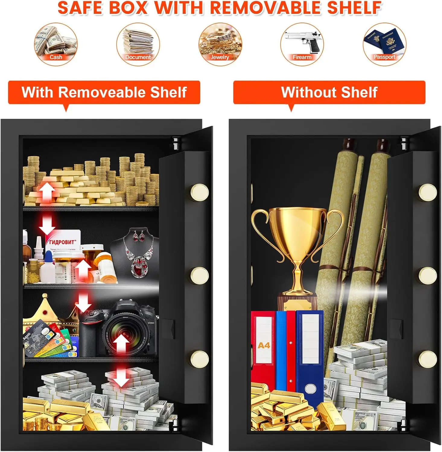 4.5 Cubic Large Fireproof Safe Box with Fireproof Document Bag, Personal Security Home Safe with 3 Removable Shelf, Anti-Theft L