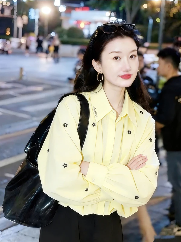 

Dopne Chic Loose Bubble Sve irt Women Spring Autumn Sweet Spicy Girl Turn-down Collar Top Yellow Milk Color Top