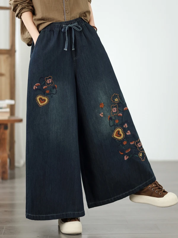 

Heavy Embroidery Floral Wide Leg Jeans Women's Spring Summer Loose plus Size Belted Slimming Straight Cut Cotton Polyester