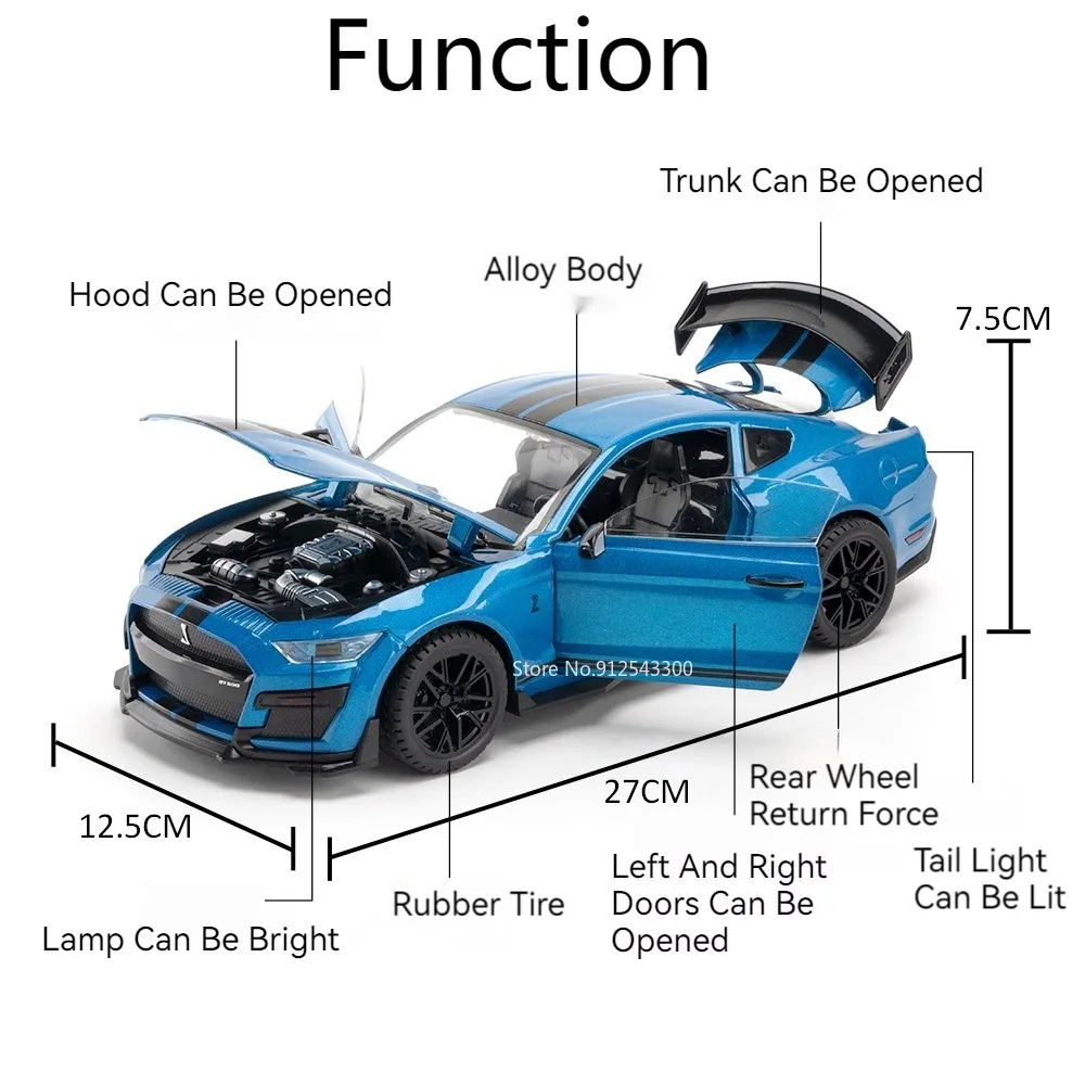 1/18 Large Scale Mustang GT500 Car Model Toy Metal Diecast Sound Light Pull Back Doors Opened Vehicle Models Boys Birthday Gifts