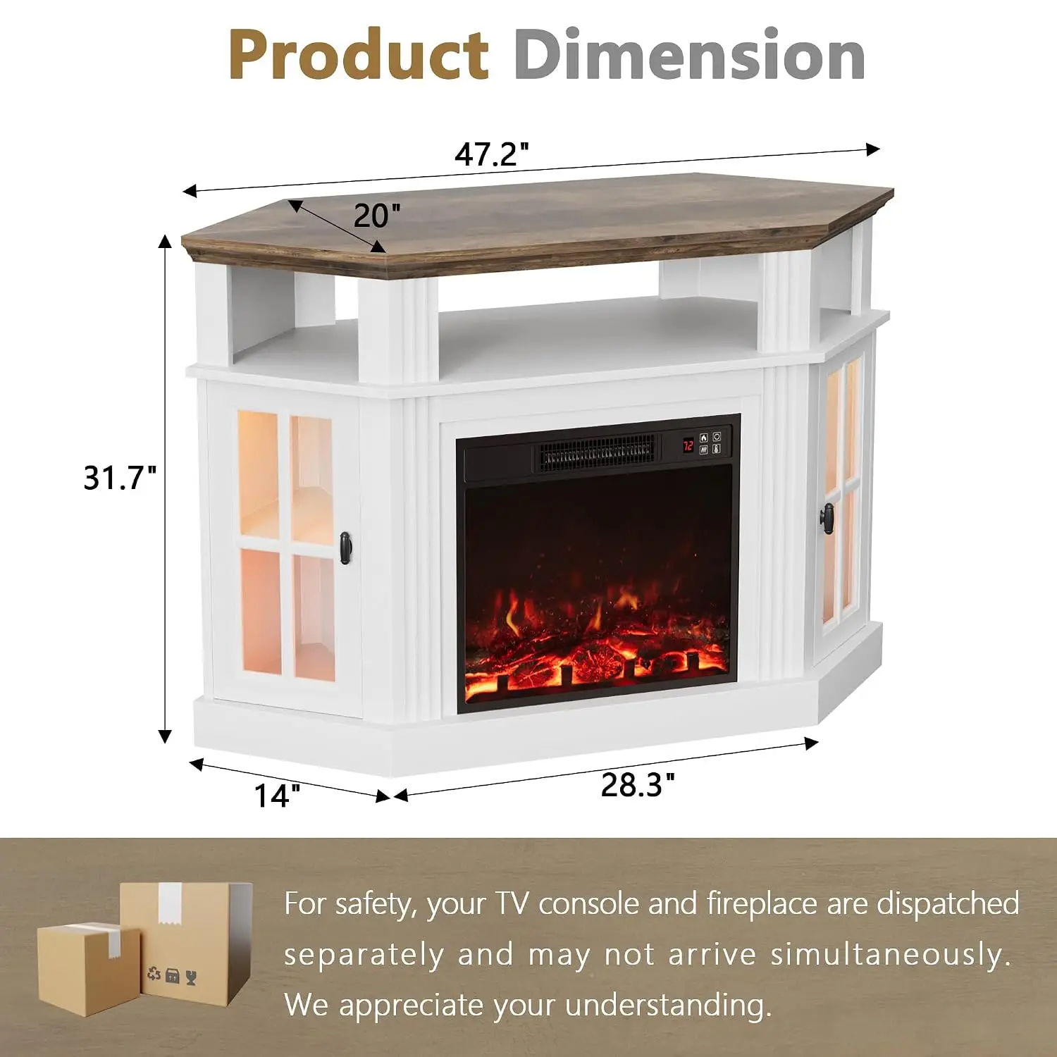 LED Corner TV Stand 55 Inch, Antique White Entertainment Center with Electric Fireplace, LED Light, Open Shelf, Storage Cabinet,