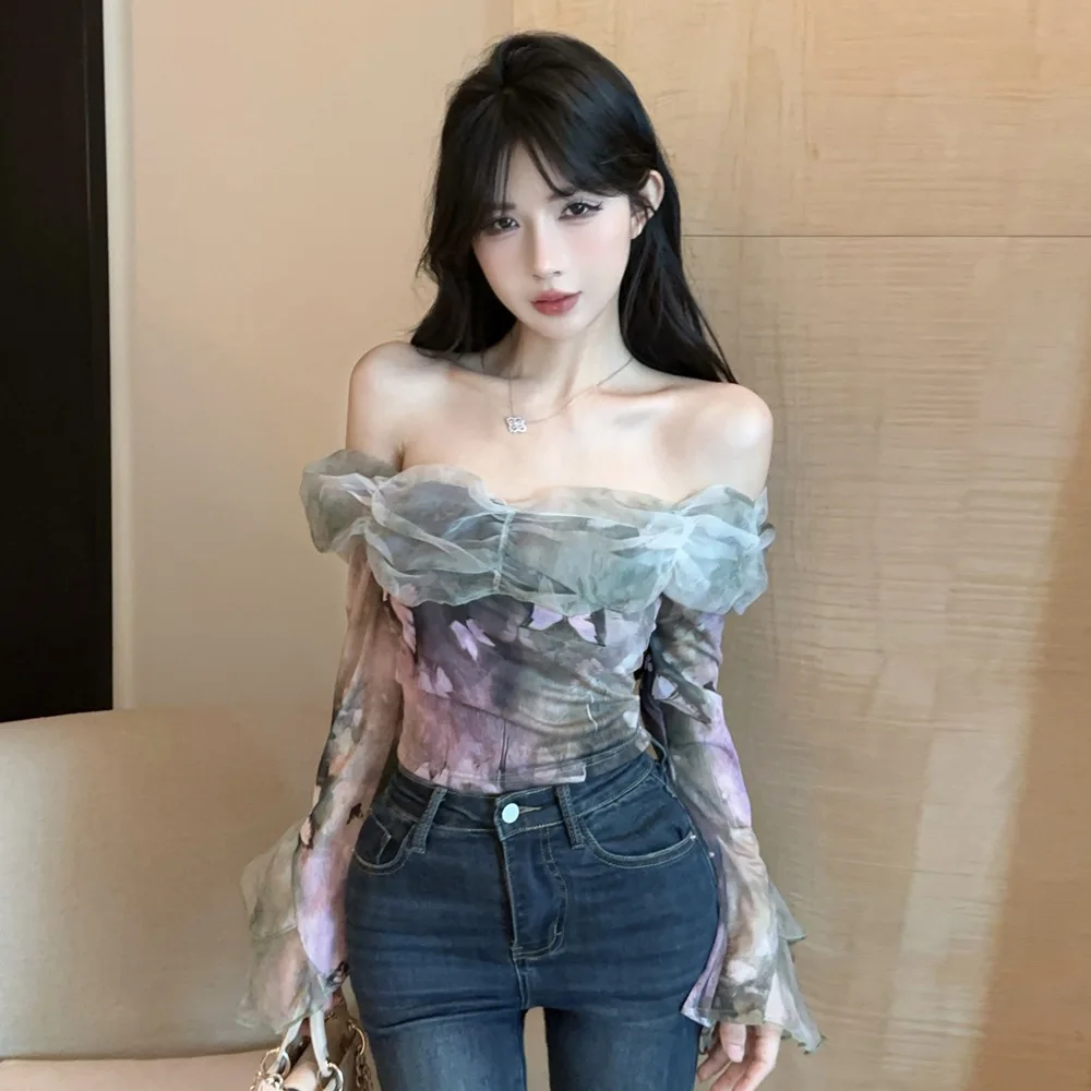 

Sexy Pure Desire Shoulder Bared Print Mesh Splicing Alluring Women's Lace Shirt Polyester Fiber Fitted Style Spring...