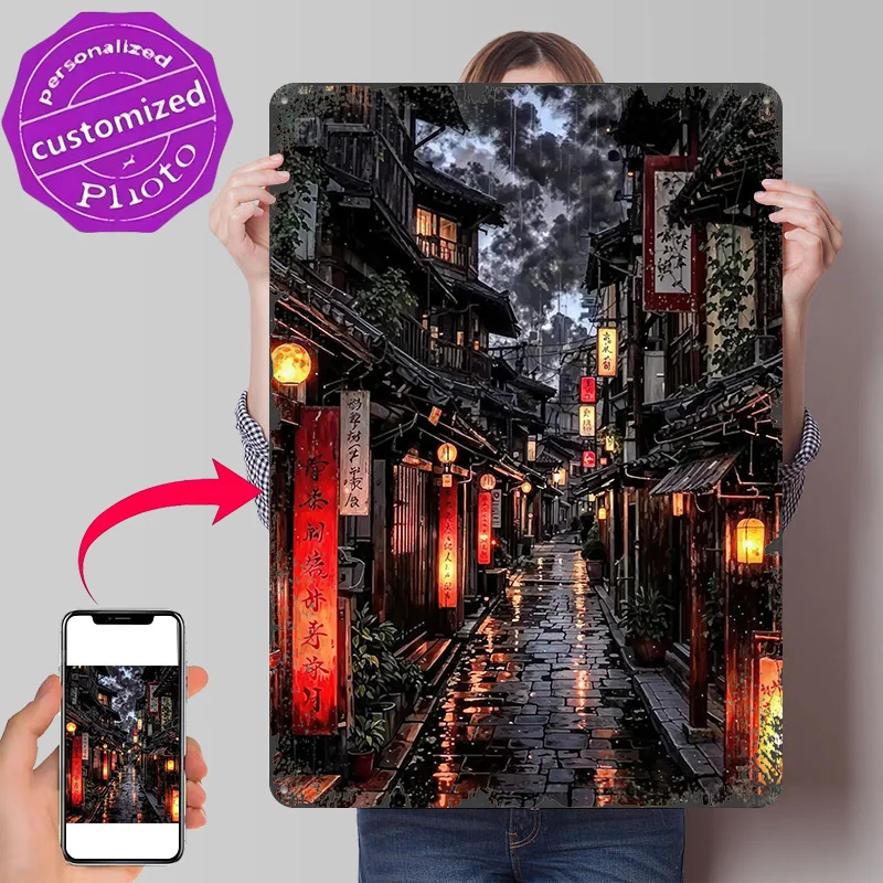 Rainy Night in Traditional Asian Alley 3D Printed Texture Poster Personalized Wall Art Retro Metal Tin Signs for Bar Accessories