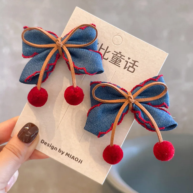 

40 PCS/Lot, Denim Fabric Ribbon Bow With Cute Pompom Hair Clips For Baby Girls Lovely Hairpins Hair Children Accessories