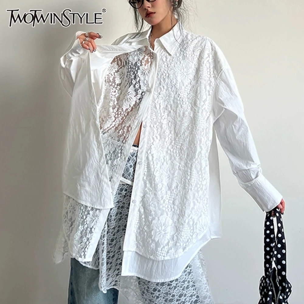 

TWOTWINSTYLE Solid Loose Spliced Lace Blouses for Women Lapel Long Sleeveless Temperament Shirts Female Fashion