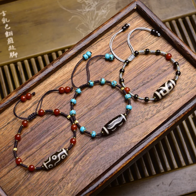 

Natural Agate Zakiram Dzi Bead Bracelet Adjustable Nine Eyes Nobleman Dzi Bead Vintage Hand-Woven Hand Rope Jewellery