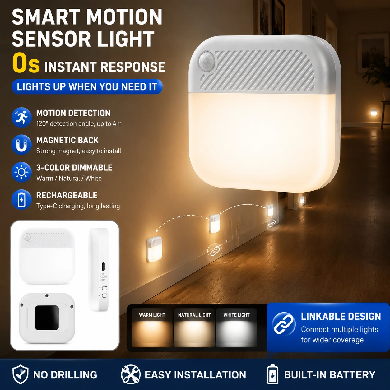luz-inteligente-com-sensor-de-movimento-resposta-instantanea-em-0s-recarregavel-magnetica-sem-perfuracao-conectavel-3-cores-regulaveis-tipo-c