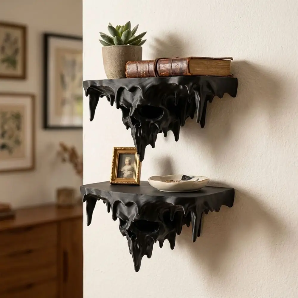 3D Printed Skull Drip Floating Shelf Plastic Dark Gothic Icicle Skull Melting Wall Shelf Stable Irregular Drip Shaped
