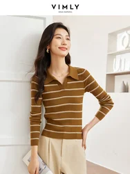 VIMLY Women's Commuter Polo-Neck Striped Sweaters Autumn Winter Casual Stylish Long Sleeve Knitted Pullovers Women's Clothing