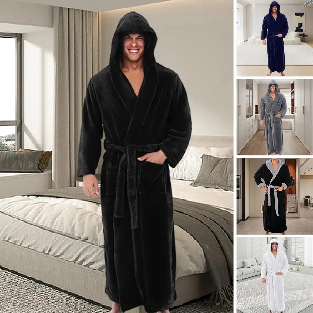 High-quality Bathrobe Super Soft Fluffy Men\'s Hooded Bathrobe with Adjustable Belt Highly Absorbent Solid Color Design