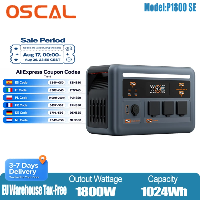 OSCAL 1800W Energiespeicherbatterie, europäischer Standardstecker, 1024Wh Leistung, zwei 100W USB-C-PD-Anschlüsse, doppelte Leistung. Doppelt so schnelle mobile Powerbank für Camping und Zuhause im