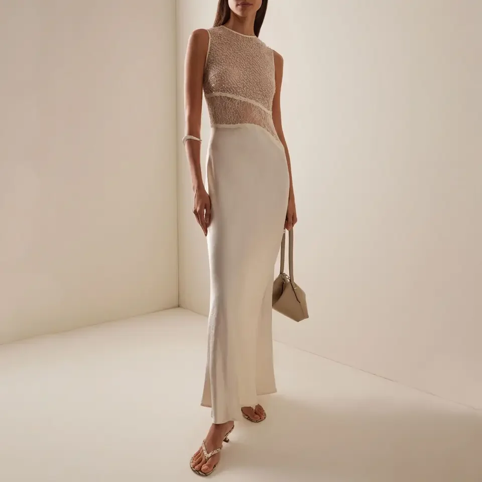 

2025 New Off White Sleeveless Irregular Hollow Out Sequin Patchwork Long Dress Evening Gown Women Dress