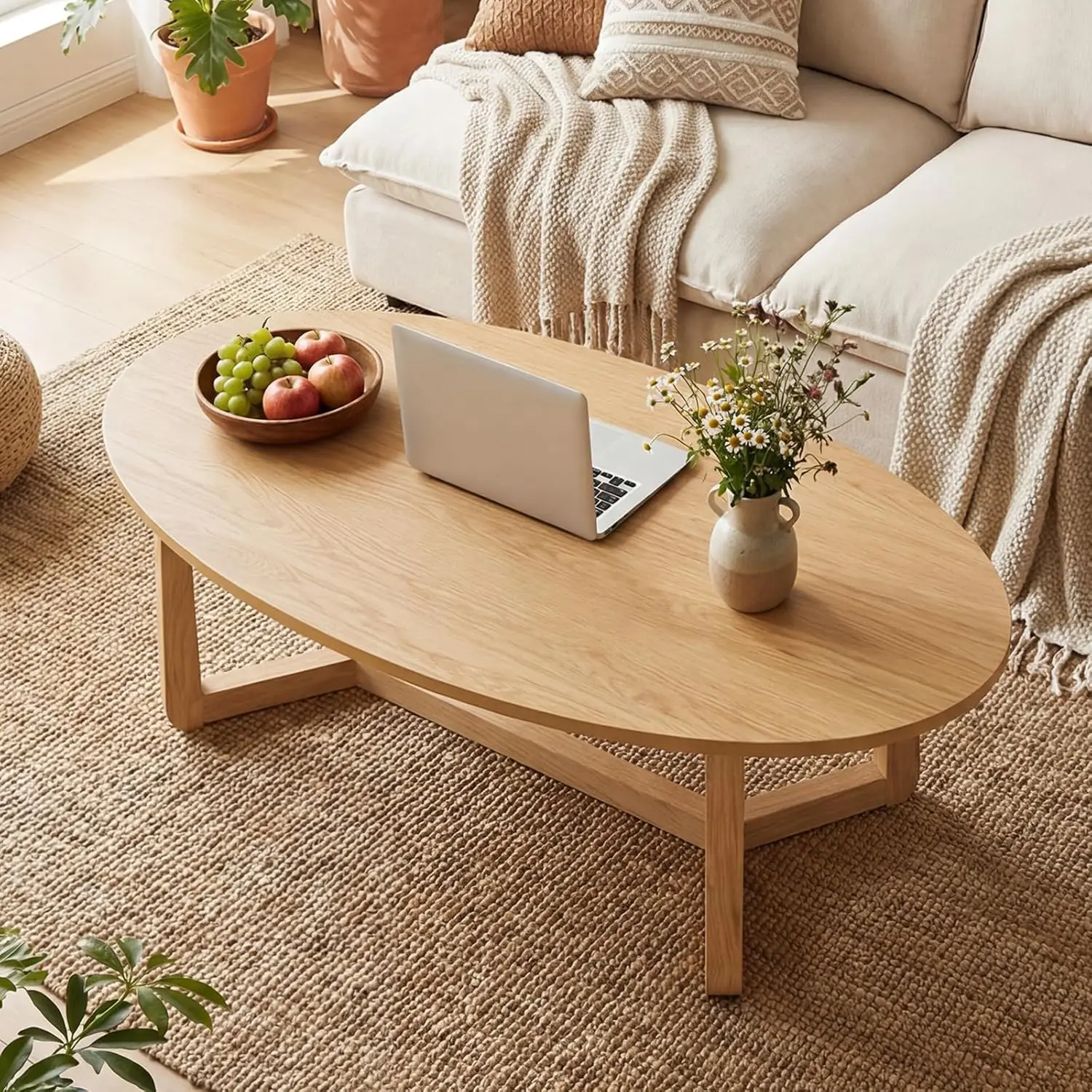 46'' Oval Coffee Table Thickened Wood Top Solid Rubber Wood Frame Low Profile Modern Living Room Natural Custom