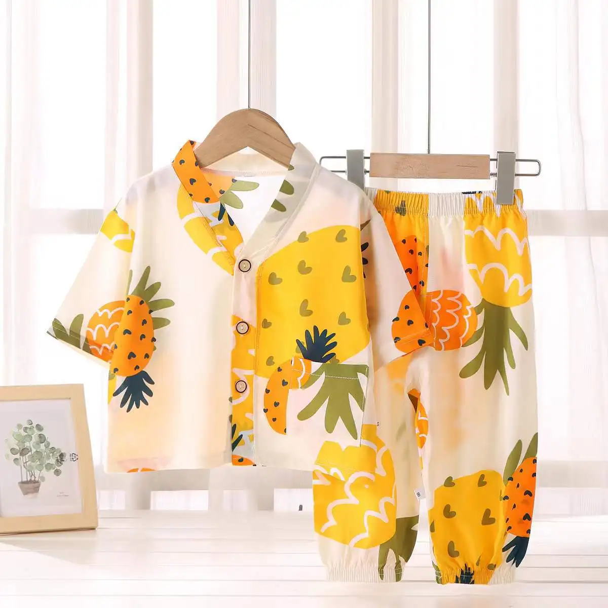 Children's cotton silk pajamas set Summer air-conditioning clothes Boys and girls loungewear two-piece set clothing