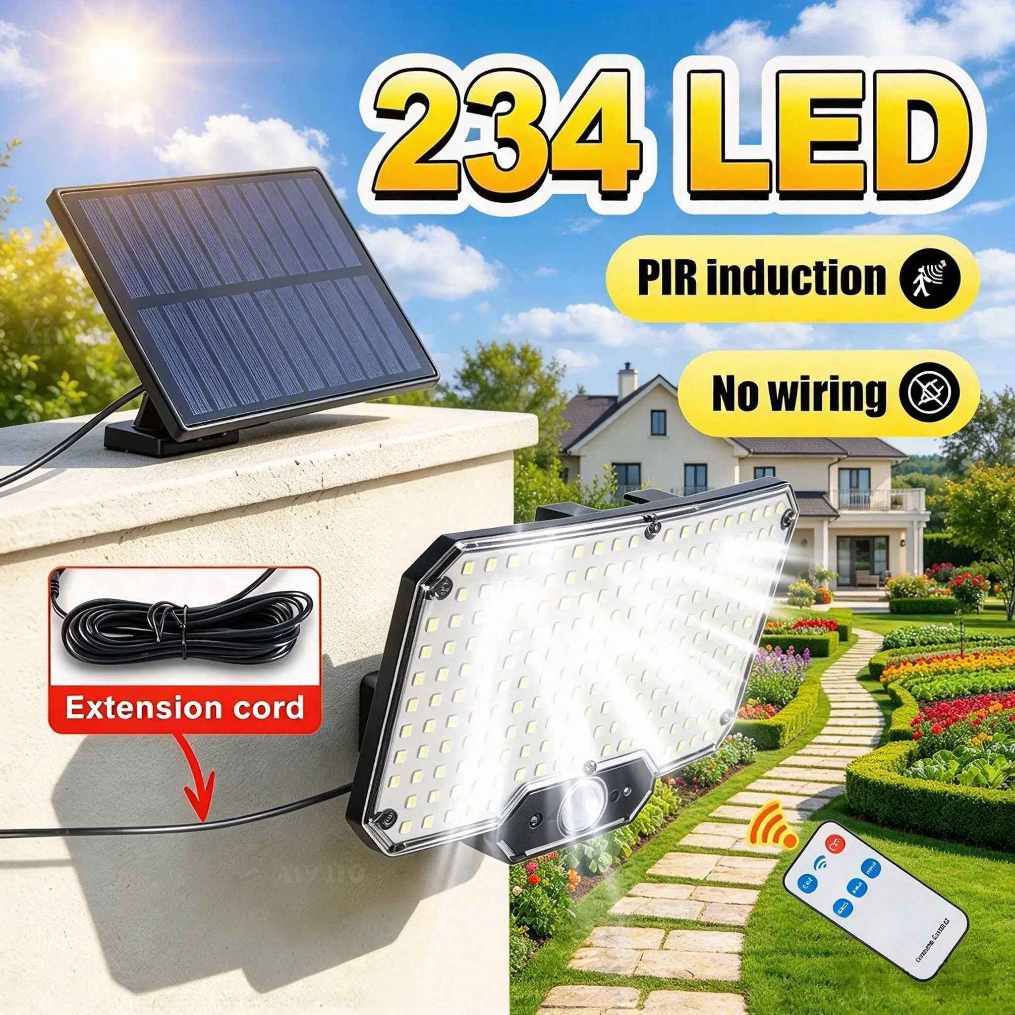 Paweinuo 234LEDS Outdoor Solar Wall Light with Remote Battery Waterpoof Split Design Motion Sensor Floodlight for Patio Garage