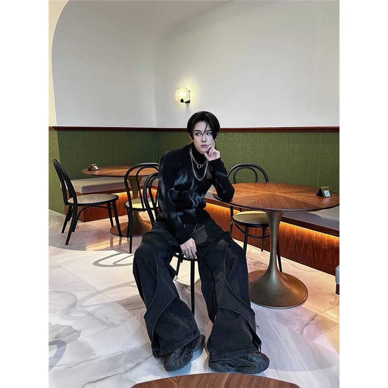 

Men's Knitted Long Sve Stand Collar Spray Painted Casual Faion INS Base irt Autumn New Sle Korean Version Trendy Brand