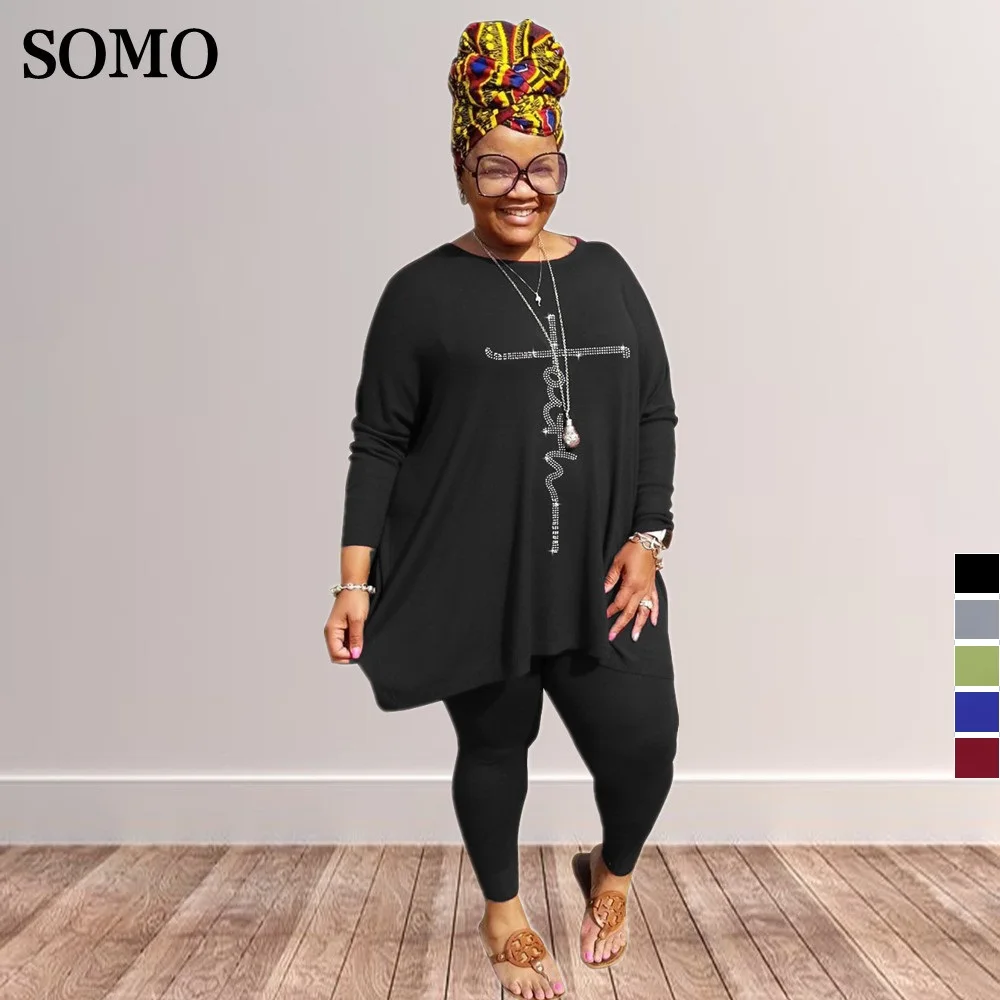 SOMO-Ensemble 2 Pièces pour Femme, Haut à Col Ras du Cou, Pantalon Long, Grande Taille, Assortis, Vente en Gros, Livraison Directe, Automne