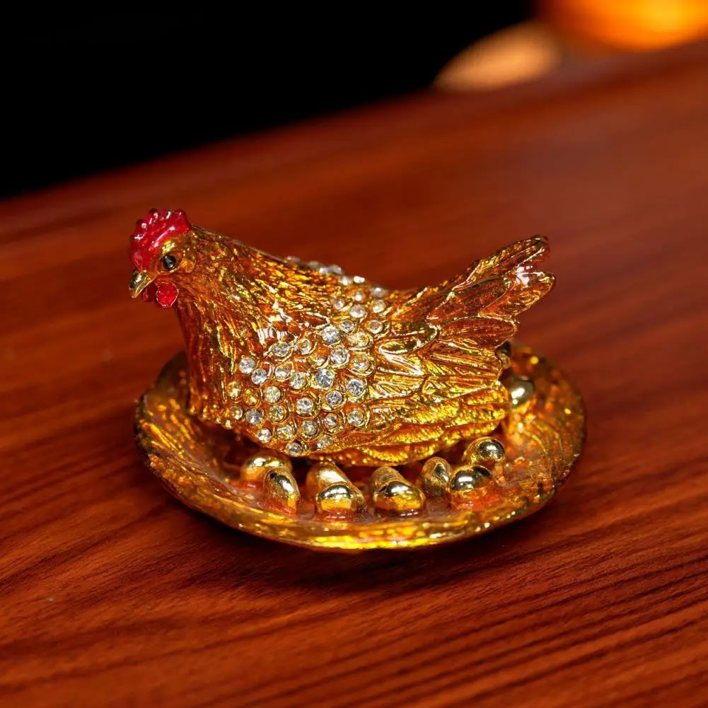 Rhinestone Chick Figurine Metal Simulated Hen Key Trinkets Jewelry Box Container Holder Home Office Desktop Decor Ornament