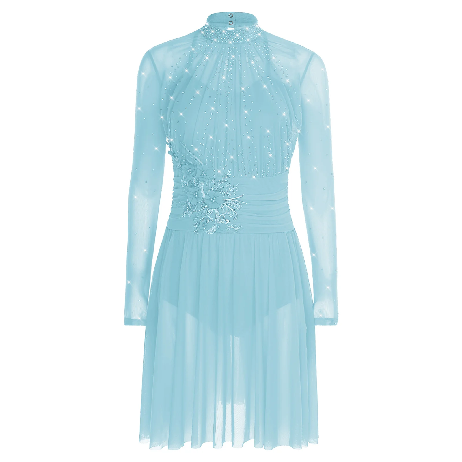 Robe de danse de patinage artistique lyrique dos nu pour femmes broderie appliques strass manches longues froncé justaucorps de gymnastique de ballet