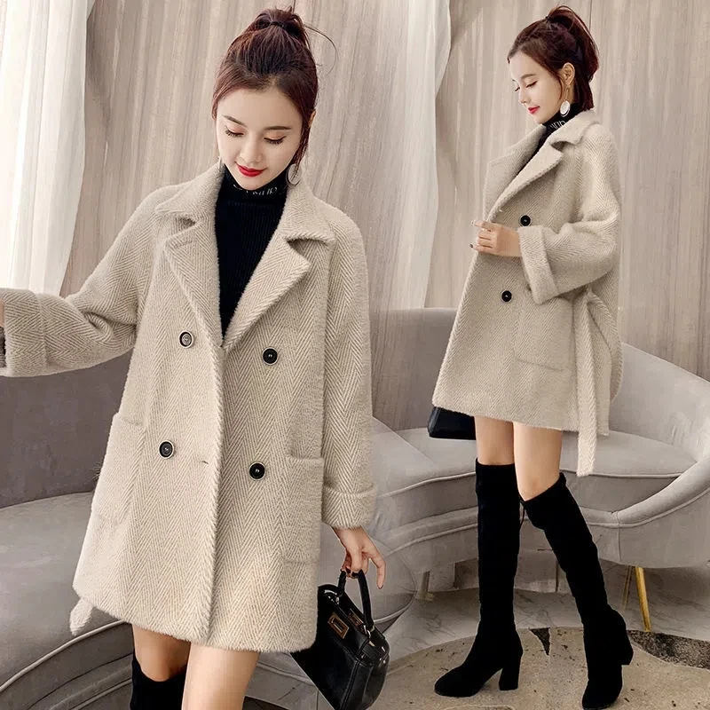 

2023 Autumn Winter New Thicken Imitation Mink Velvet Woolen Jacket Women Fashion Hepburn Style Wool Blend Coat Elegant Outwear