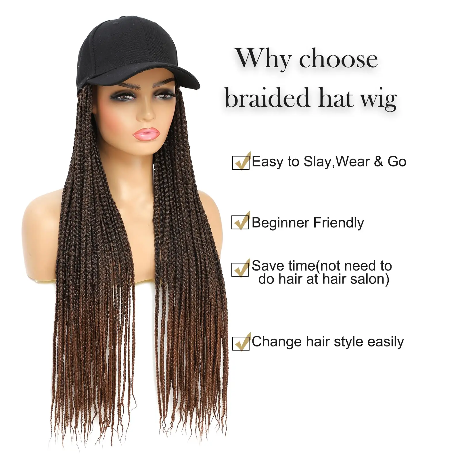 Hat Wig for Women Baseball Cap with Braided Hair Attached Synthetic Box Braid Wig Hat  Cap with ombre dark brown Braids view 5