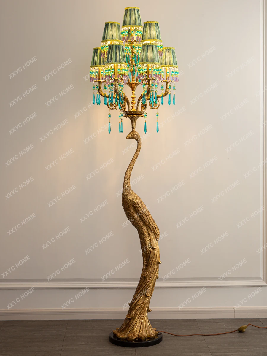 French Creative Peacock Copper Crystal Floor Lamp European Retro Luxury Villa Living Room Lighting Dewaxing Copper Lamps