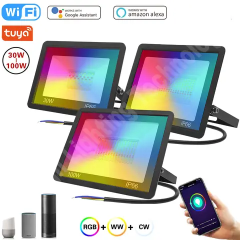 Reflector RGB inteligente Tuya de 100W, 50W, 30W, Control WiFi, Reflector LED, foco exterior impermeable IP66 para decoración de iluminación exterior