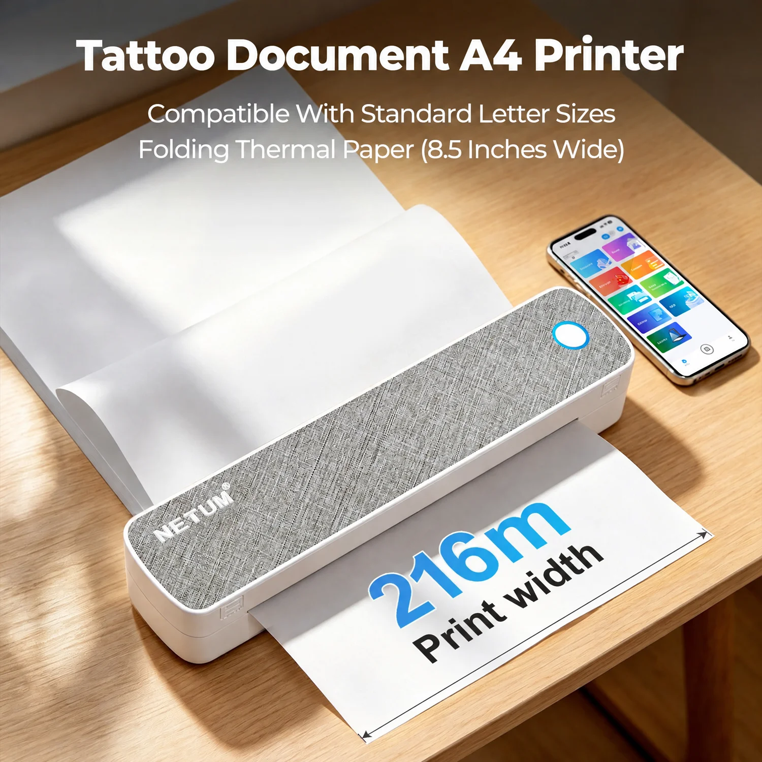 A4 Thermal Printer Portable Wireless Inkless Printer Bluetooth Rechargeable for Travel Office Compatible with Phone&Laptop