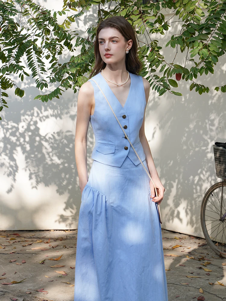 

Slimming Classic Blue Vest Women's V-neck Single Button Waist-cinching Retro Style Commute Fashion Short Length Cotton Linen ...