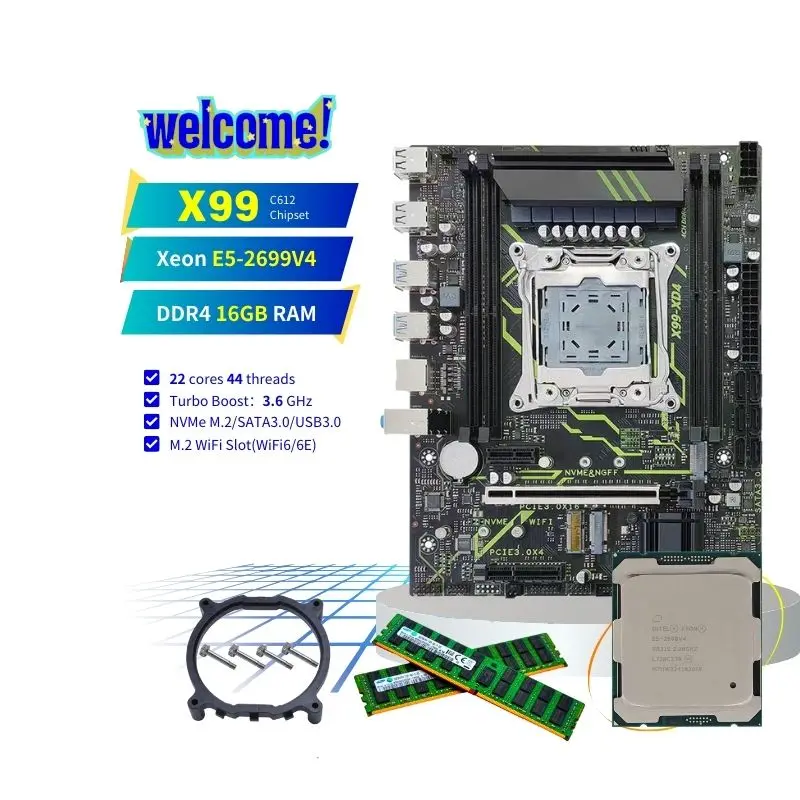 PANDL Desktop PC Combination Set Matx NVMe M2 WiFi6 Sata3.0 Xeon e5 2699 v4 Combo DDR4 16GB Ram 2699v4 X99 Motherboard Kit