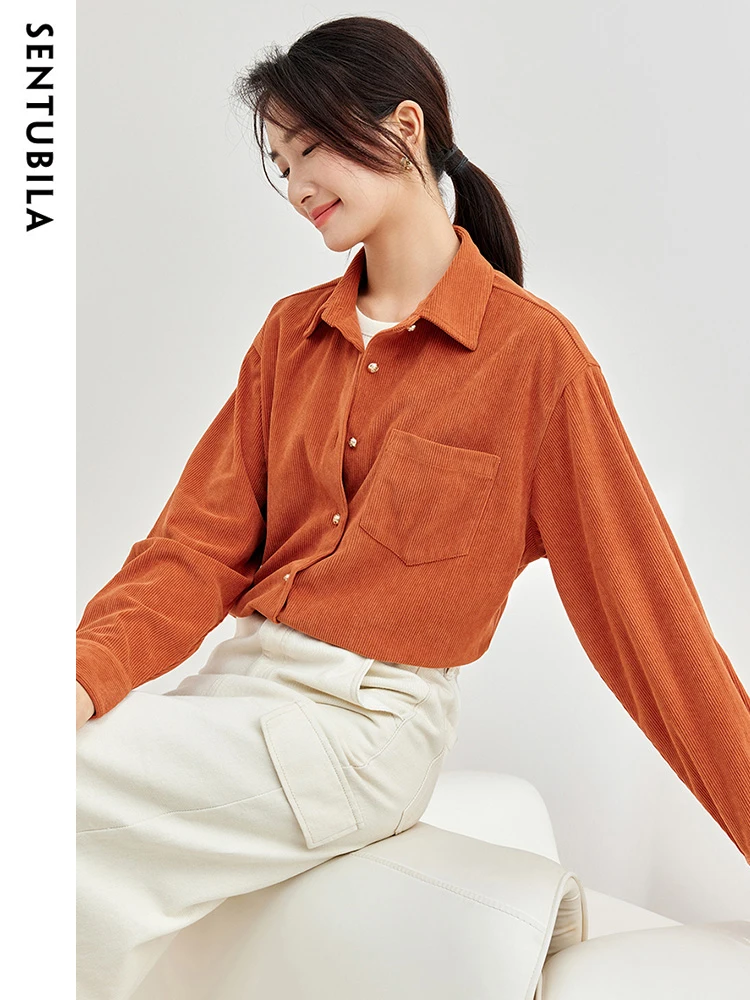 SENTUBILA Orange Corduroy  Women Shirts & Blouses 2024 Autumn Casual Lapel Drop Sleeve Side Split Shirt Coat Clothing 133C51628