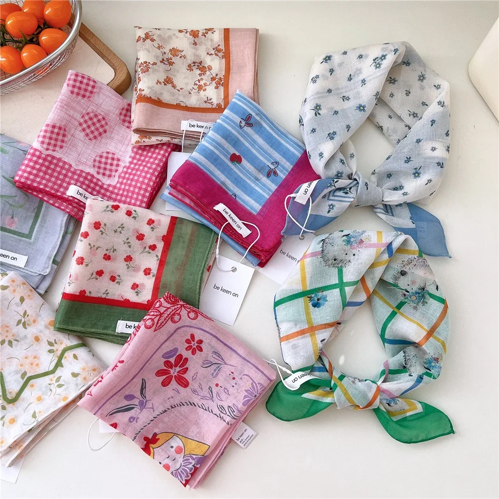 

55cm Square Scarf Neckerchief Casual Literary Scarves Kerchief Bandanas Flower Floral Print Headscarf Hair Ribbon Accessories