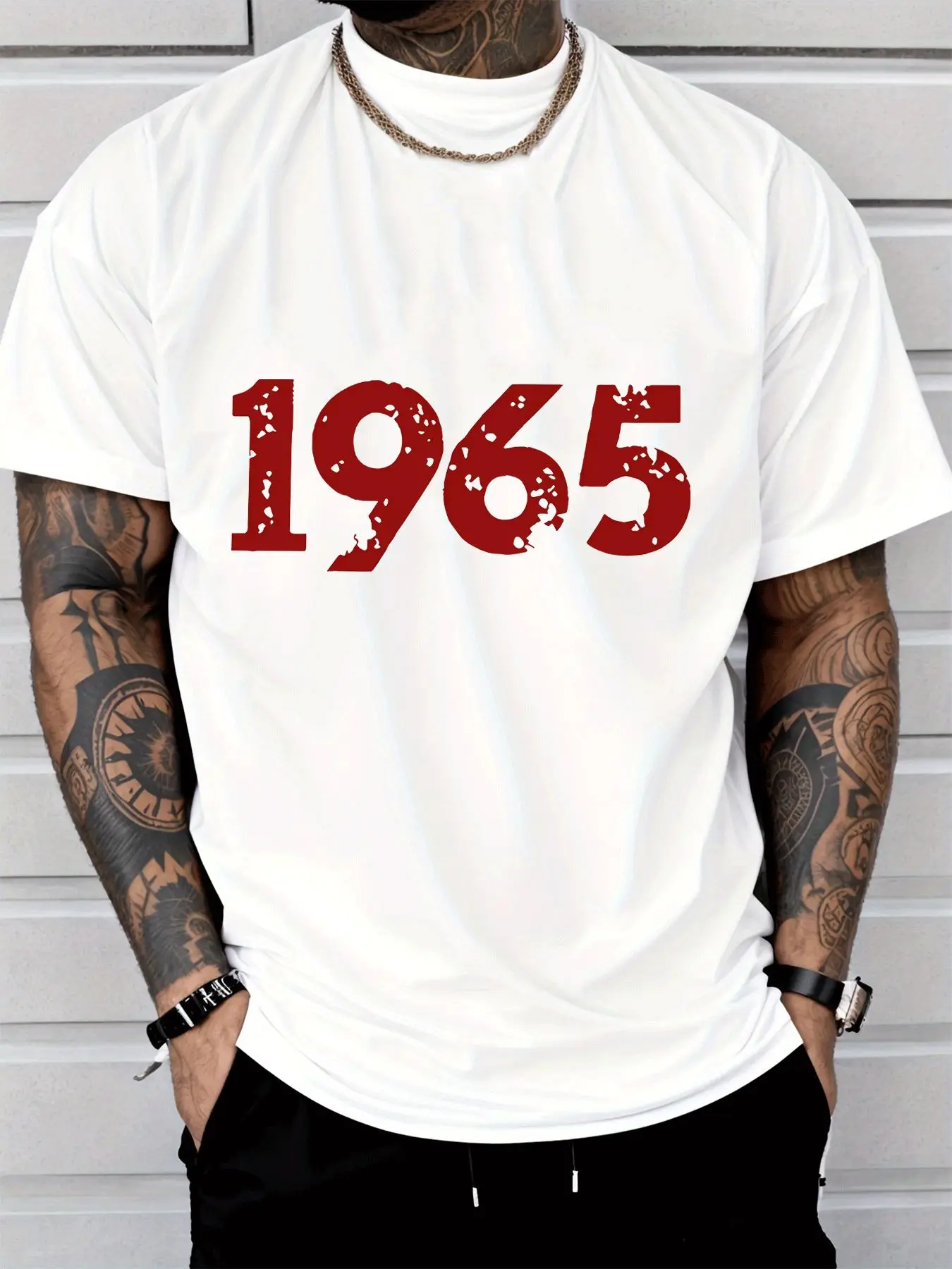 Vintage Distressed 1965 Number Mens Front Print T Shirt Retro Birth Year Graphic Tee Casual Short Sleeve Top Birthday Gift