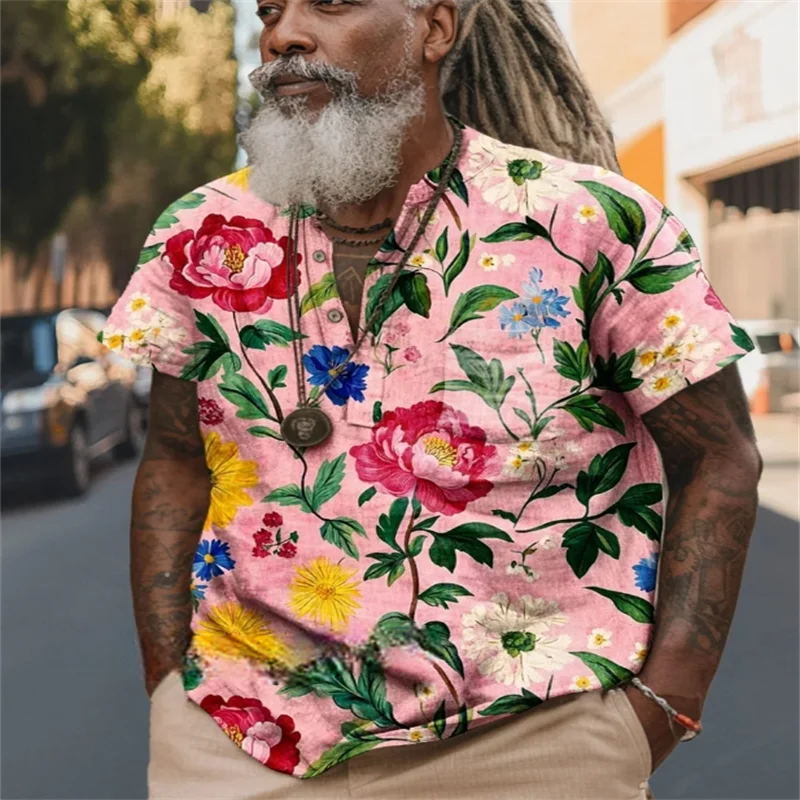 

Hawaiian vacation beach wear for men, comfortable linen short sleeve shirt, artistic print pattern, casual button down men's top