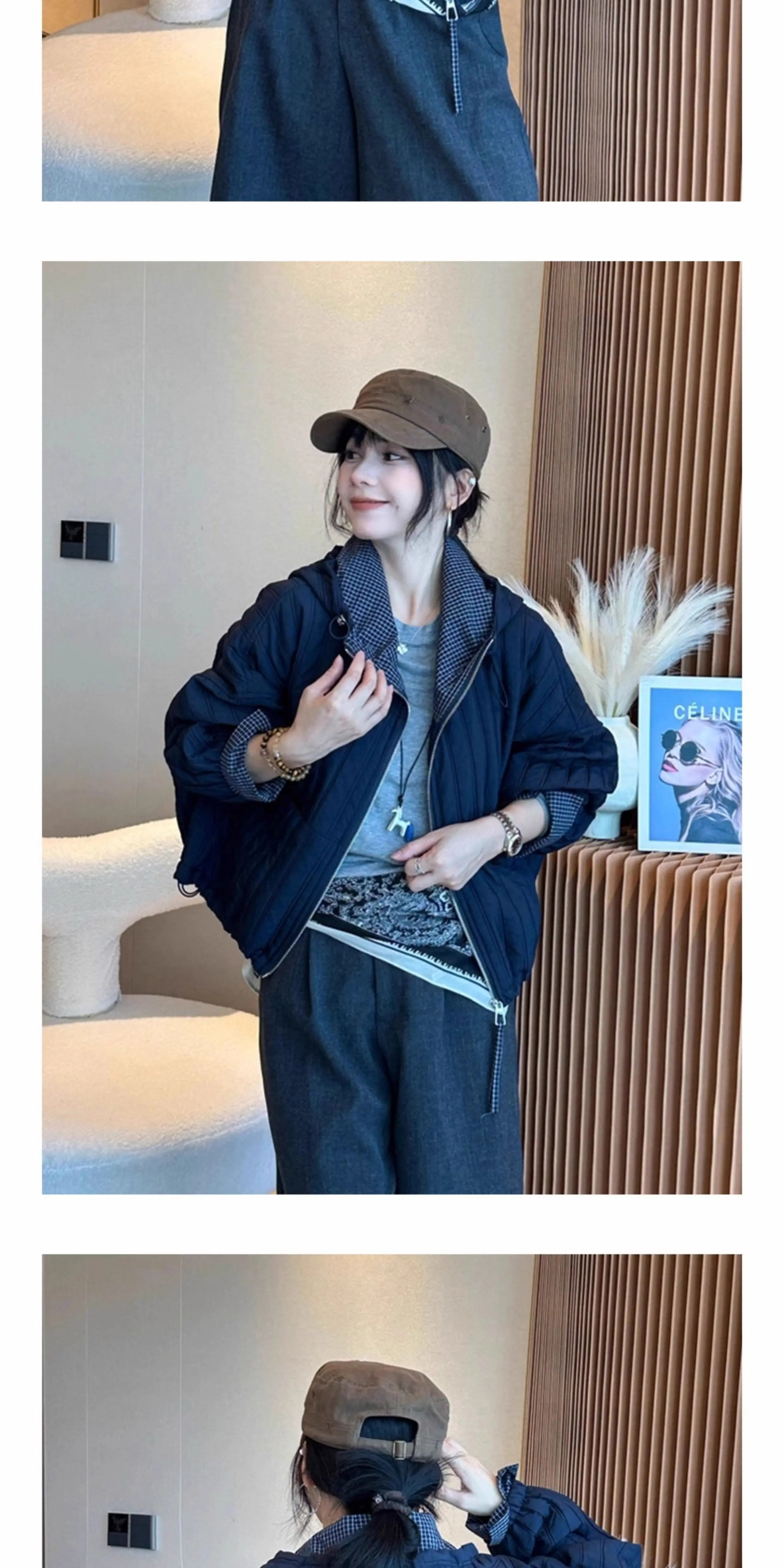 Korean Loose Hooded Plaid Patchwork Quilted Coat for Women Autumn Winter Casual Cotton Padded Jacket Women Zip Up Cropped Parkas