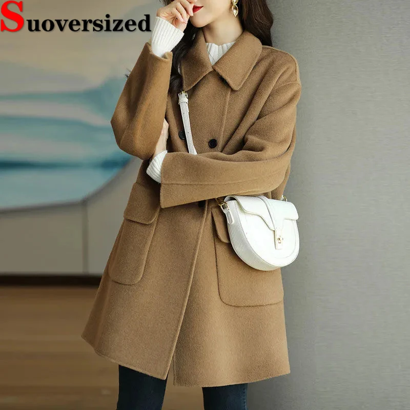 

Winter Mid-length Woolen Coats Thick Warm Wool Blend Jacket Elegant Slim Women Abrigos Oversized 4xl Double Breasted Overcoat