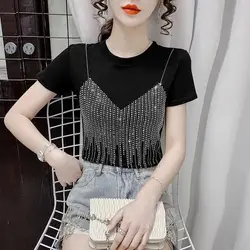 Short sleeved T-shirt design sense niche 2023 summer new heavy industry hot diamond fashion slimming French top for women