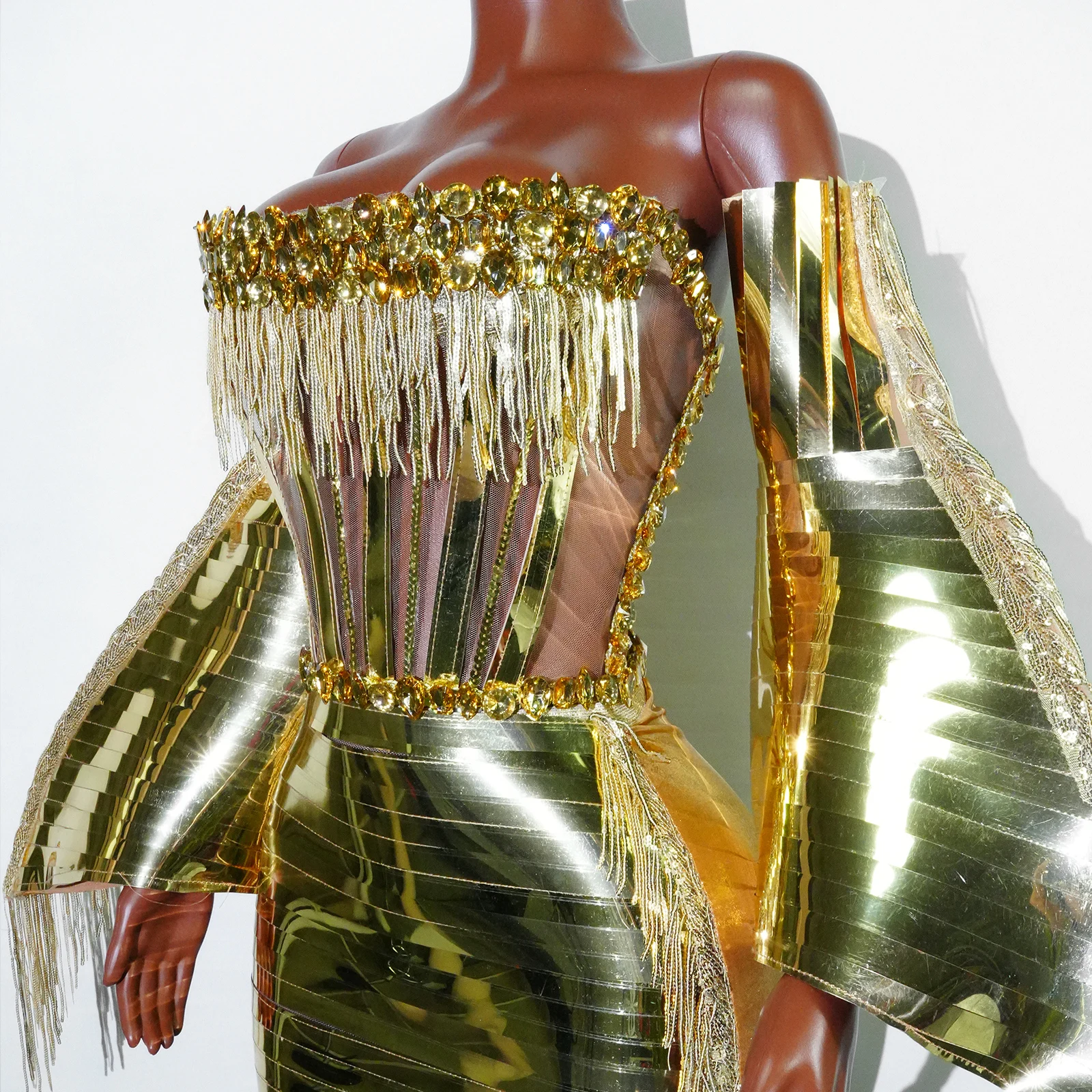 New Sexy Gold Net Set And Rhinestone Transparent Tassel Gloves For Party Dance Singer Stage Birthday And Nightclub Costume