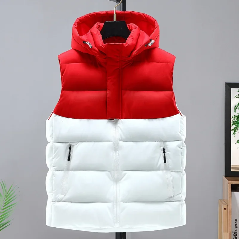 

Winter Sleeveless Jacket Men Spliced Color Outerwear Vest Jacket Zipper Warm Thick Down Cotton Hooded Vest Man Slim Fit