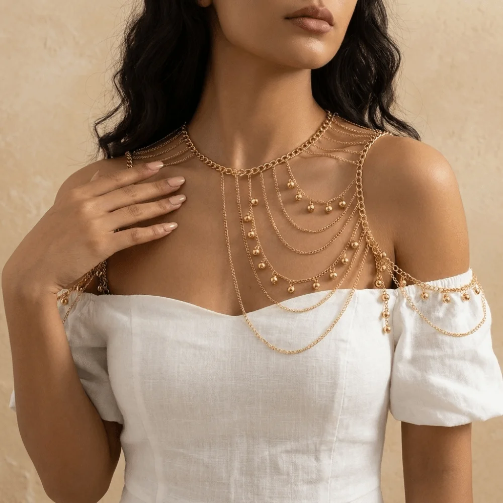 Festival Jewelry Multi-Layer Tassel Ball Shoulder Chain Fashion Metal Ball Body Jewelry Dainty Shiny Chest Chain Street Photo