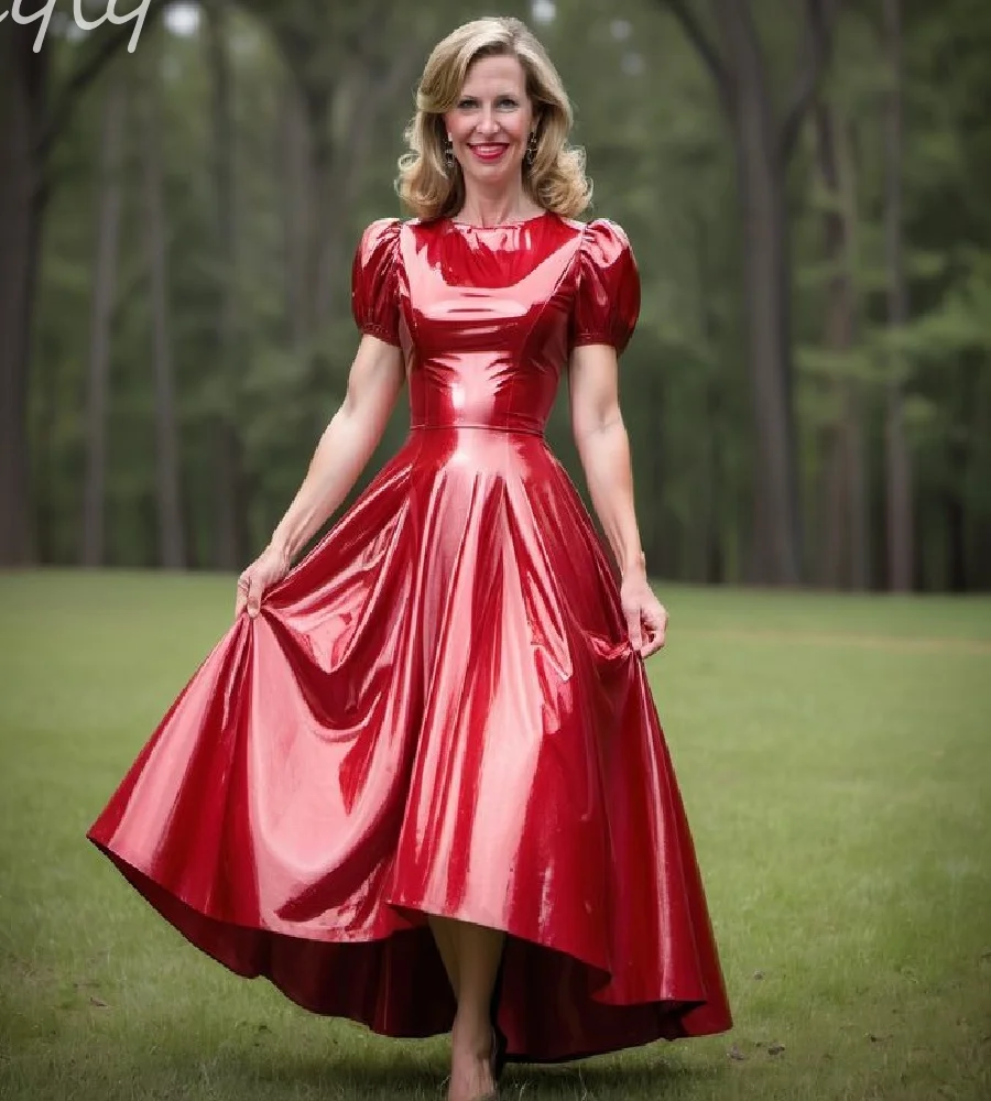 

Vintage Gothic Red Prom Dess Pvc Faxu Leather Short Sleeve Shiny Evening Dress 2025 Vampire Cosplay Formal Party Gown Customized