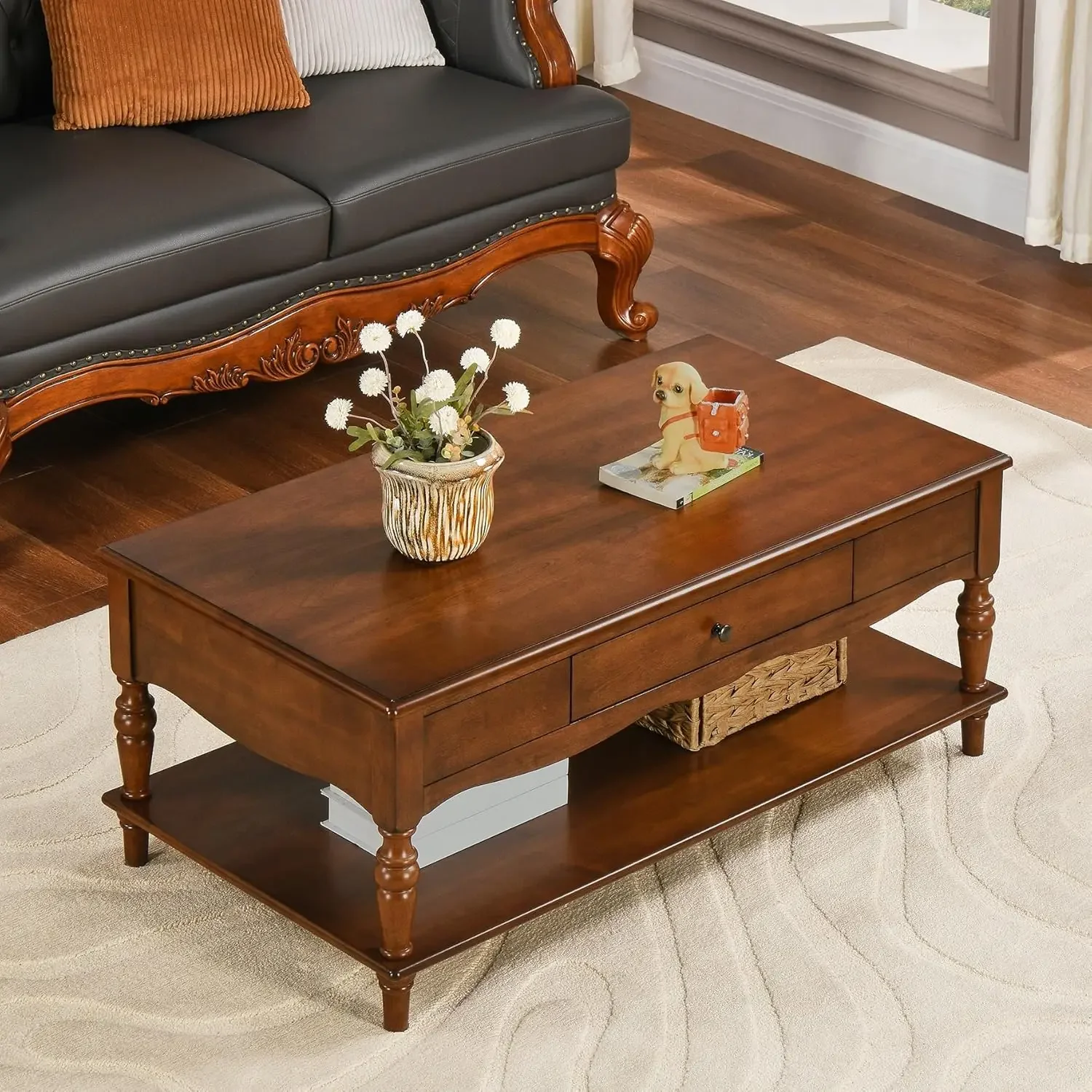 Rectangular Coffee Table with 2 Storage Drawers, Mid-century Solid Wood Living Room Table with Carved Leg, Elegant Vintage Cente