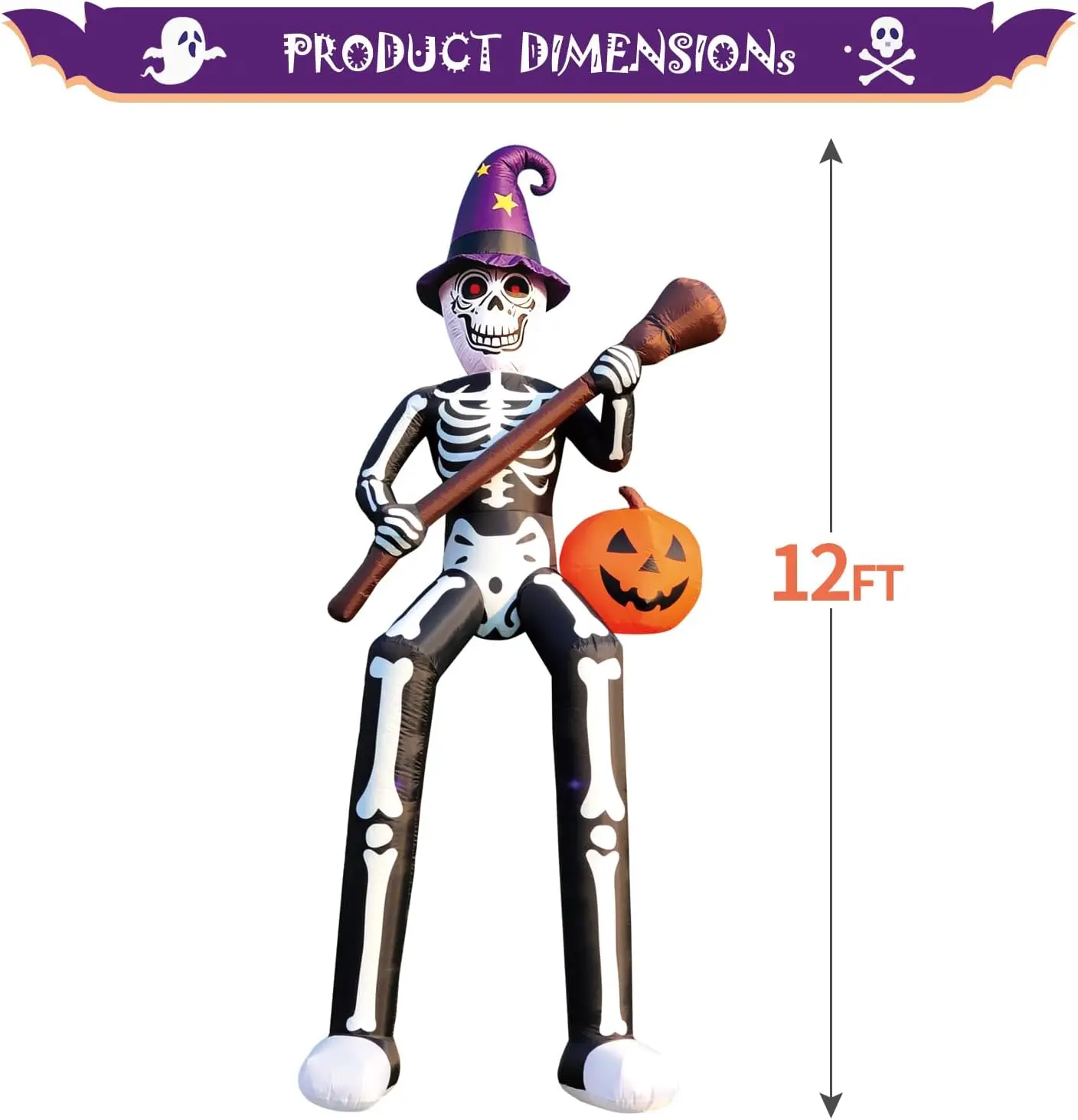 12 FT Giant Halloween Outdoor Inflatable Decoration, Skeleton Wizard Blow-Up with Broom and Pumpkin, Built-in LED Lights for Yard, Lawn, Garden and Party Decor