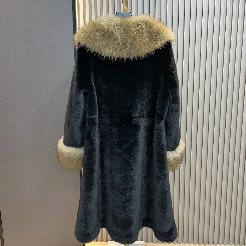 Autumn Winter New Woolen Coat Women's Fashion Warm Long Faux Mink Fur Large Furry Collar Jacket Long Sleeves Elegant Warm Top