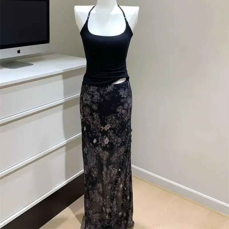 ฤดูร้อนใหม่กระโปรงชีฟองผู้หญิงแฟชั่นดอกไม้พิมพ์ Elastic High เอว Ruffles A-Line กระโปรงลําลอง Retro วันหยุดชายหาด Jupe