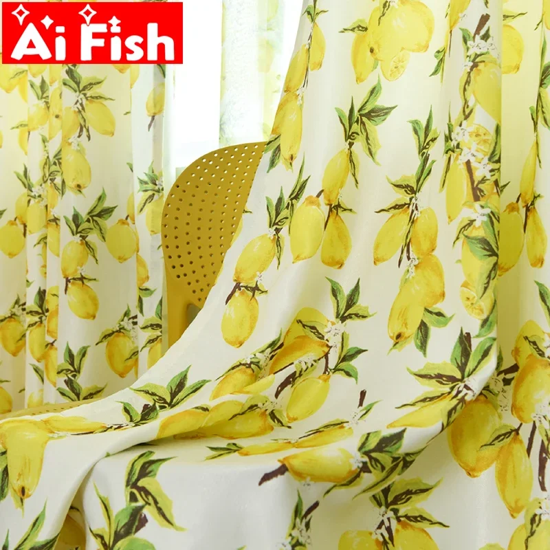 

Pastoral Style Yellow Lemon Print Kitchen Curtain Screen Tulle Curtain For Living Room Cartoon Windows Drapes For kids WP166-40