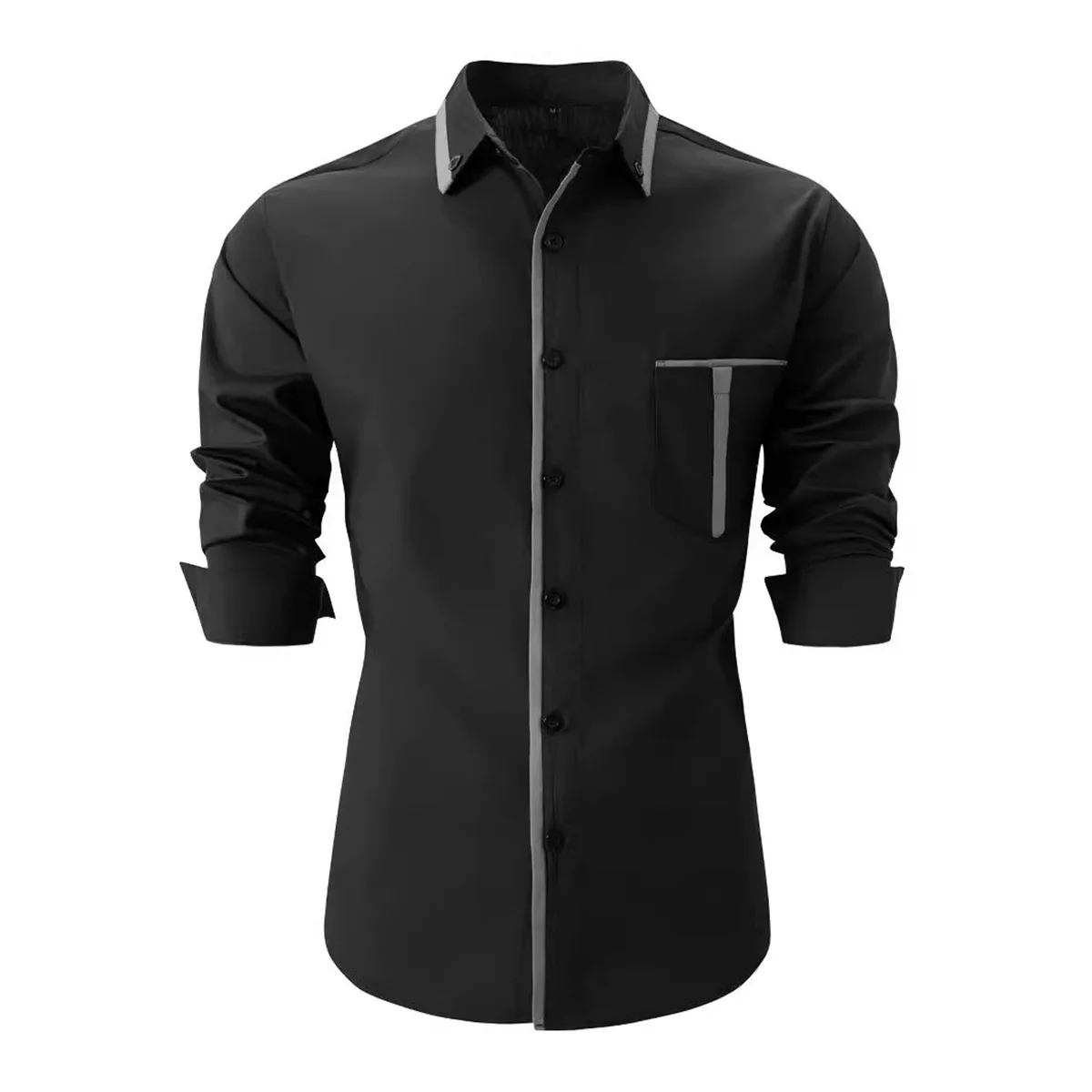 Men\'s Daily Business Office Slim-Fit Anti-Wrinkle Solid Color Long Sleeve Patchwork Pocket Design Lapel Button Down Shirt