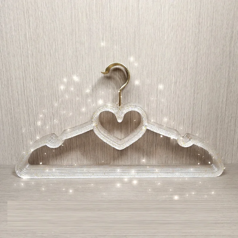 10-20Pcs Acrylic Glitter Hangers Cute Heart-Shaped No-Trace Clothing Rack with Non-slip Notch for Girls Clear Clothes Organizer